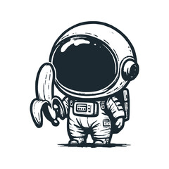 Cute astronaut hold a banana. Black white vector icon and logo illustration.