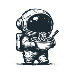 Cute astronaut hold a ramen noodles Black white vector icon and logo illustration.