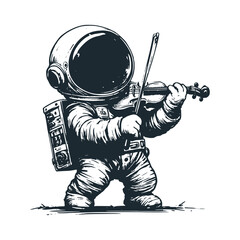 Cute astronaut playing a violin. Black white vector icon and logo illustration. © Maryoto