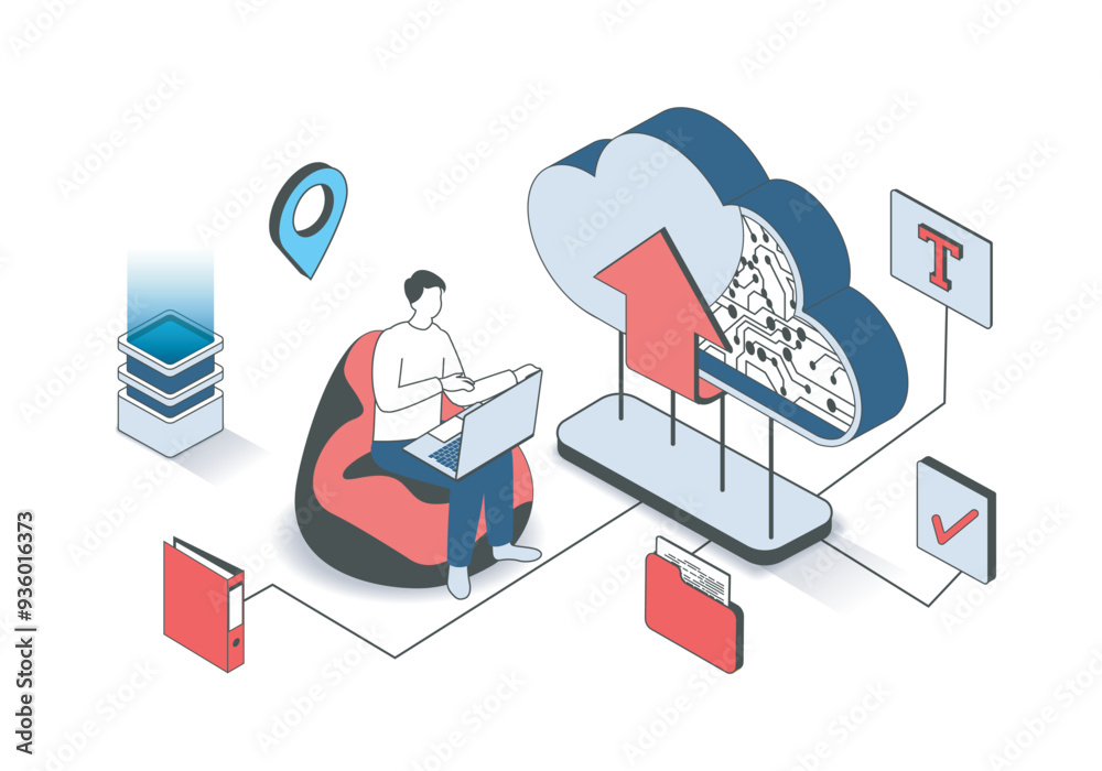 Leinwandbilder cloud technology 3d isometric concept with isometry people design for web. man working at laptop, do