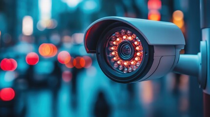 Close-Up of Modern Security Camera with Blurred City Lights in the Background at Dusk