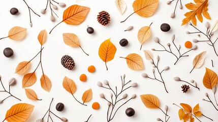 Obraz premium Colorful autumn leaves and branches are artfully arranged on a clean white background, creating a minimalistic flat lay design perfect for seasonal decoration or invitations