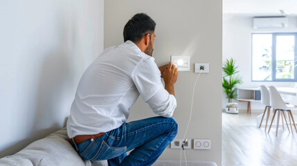 Electrician in a White Shirt and Blue Jeans Working on Wall Electrical Switch in Modern Living Room. Concept of home improvement, electrical work, indoor maintenance, DIY projects