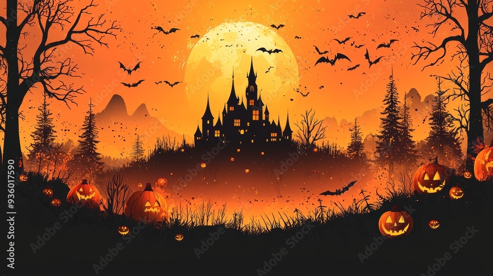 Canvas Prints This is an illustration of an Halloween banner that can be used as a party invitation background with clouds, bats, and pumpkins.