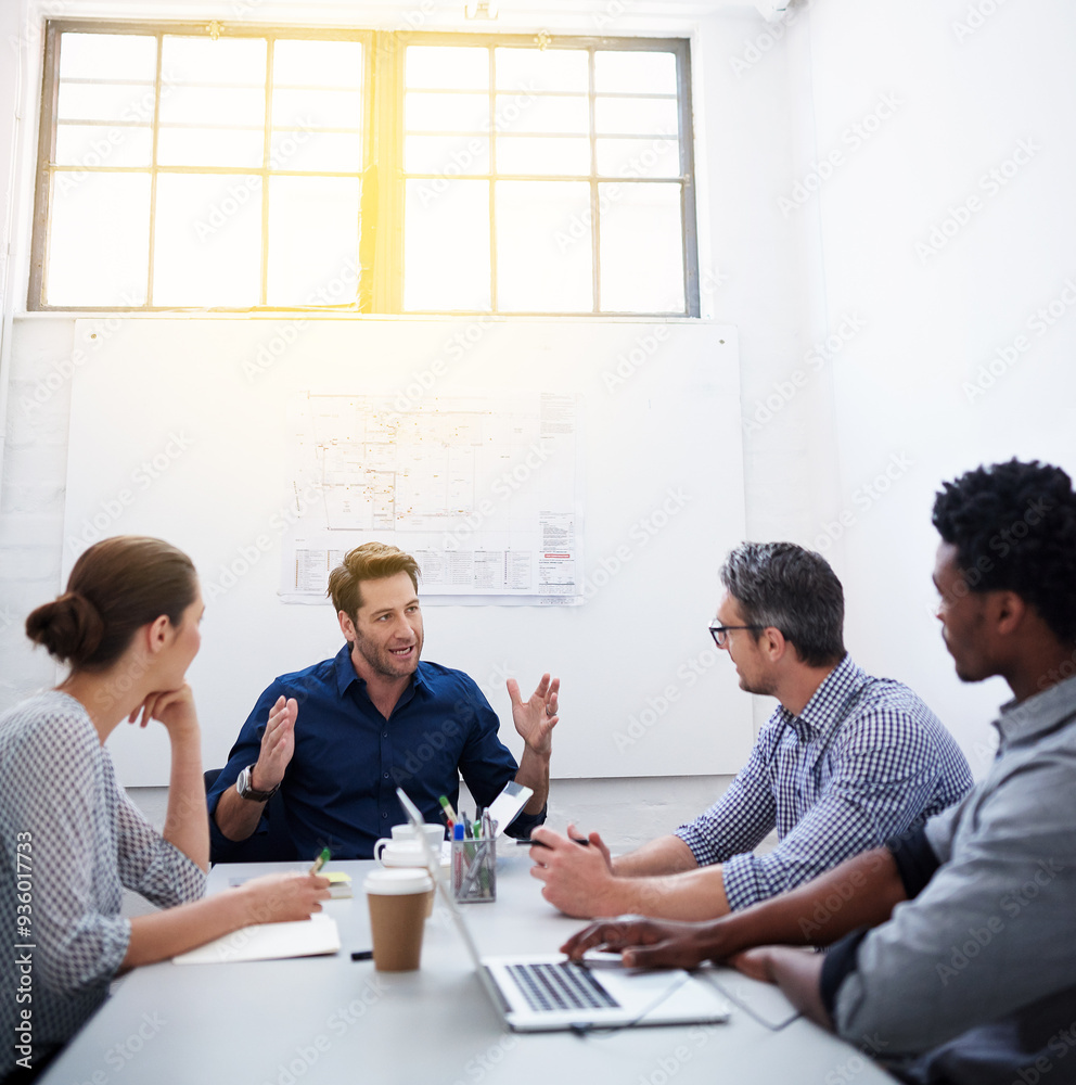 Poster engineering, man or discussion in meeting for floor plan, teamwork or startup project management. gr