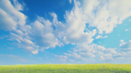 Clear blue sky with fluffy white clouds over a green meadow, a vibrant and peaceful background for nature themes

