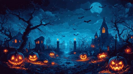 The path to an eerie moonlit forest is lit by magical Jack O'Lanterns for Halloween