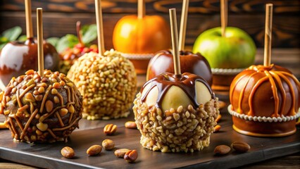 Gourmet caramel apples topped with assorted treats , dessert, food, sweet, indulgent, caramel, apple, candy, gourmet
