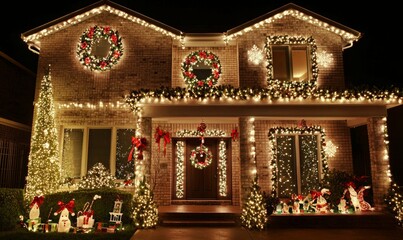 Fototapeta premium A house decorated for the holidays with christmas lights and festive decorations