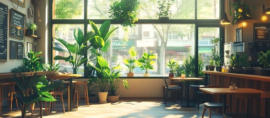 Fototapeta premium Bright cafe scene with lots of plants. Sunny Morning at a Cozy Cafe. AI generated image