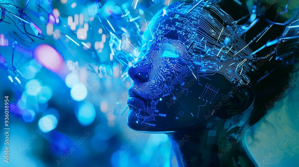 Poster Stock computer head taken from the side with glowing lines and data