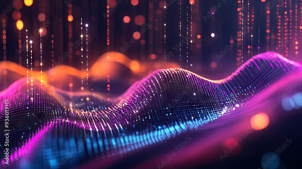 Poster geometric abstract 3d financial graph with dynamic shapes and glowing elements.