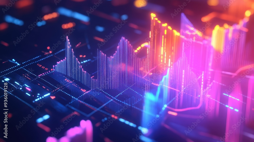 Poster geometric abstract 3d financial graph with dynamic shapes and glowing elements.