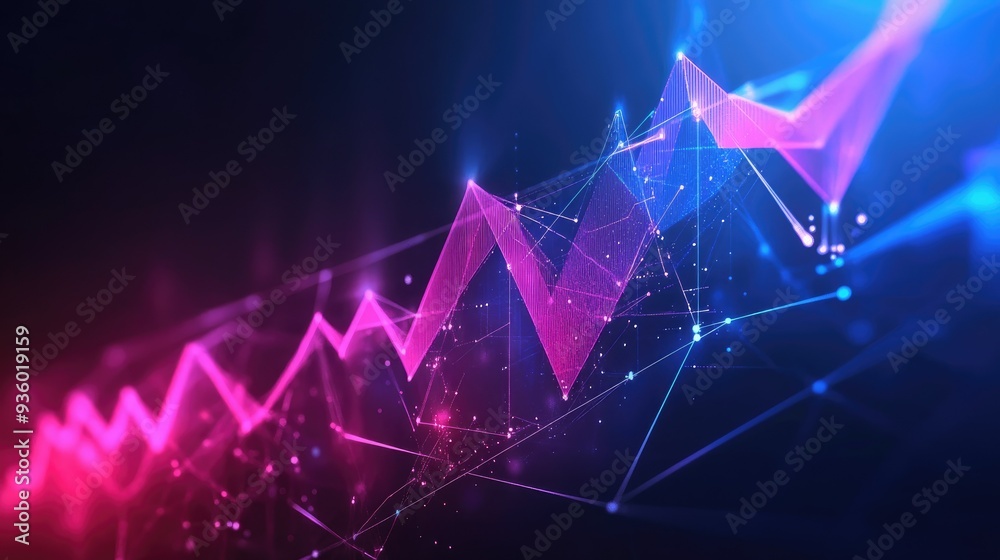 Poster geometric abstract 3d financial graph with dynamic shapes and glowing elements.