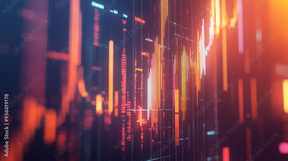 Poster geometric abstract 3d financial graph with dynamic shapes and glowing elements.