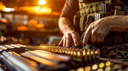 Close-up of Shooter's Hands Loading Bullets into a Firearm, Concept of Precision, Ammunition...