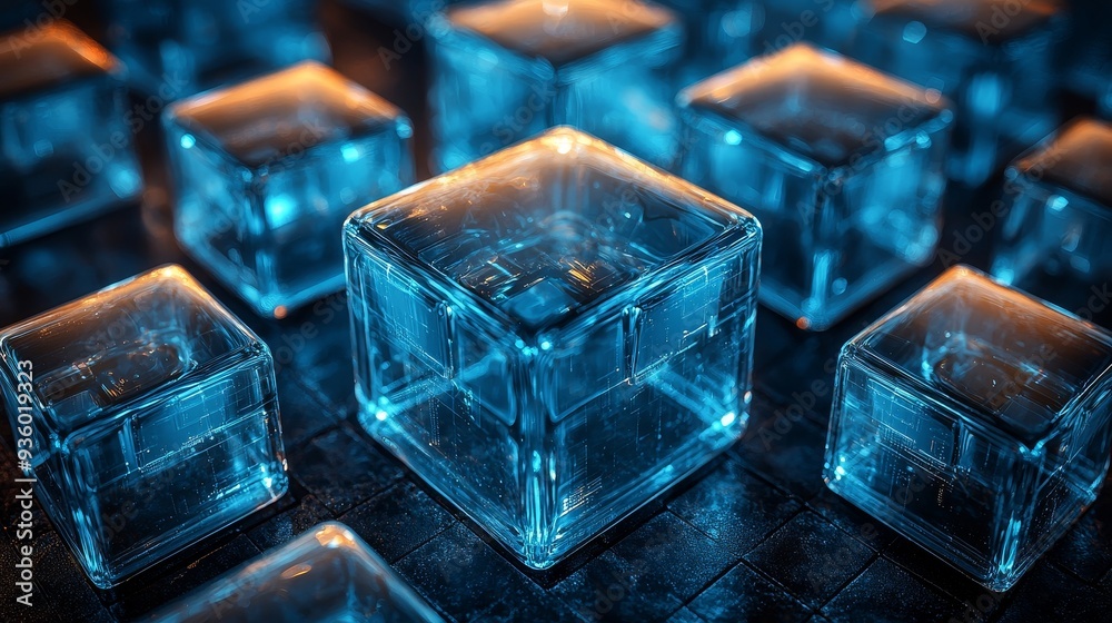 Poster Transparent blue cubes form a dynamic structural background in three dimensions