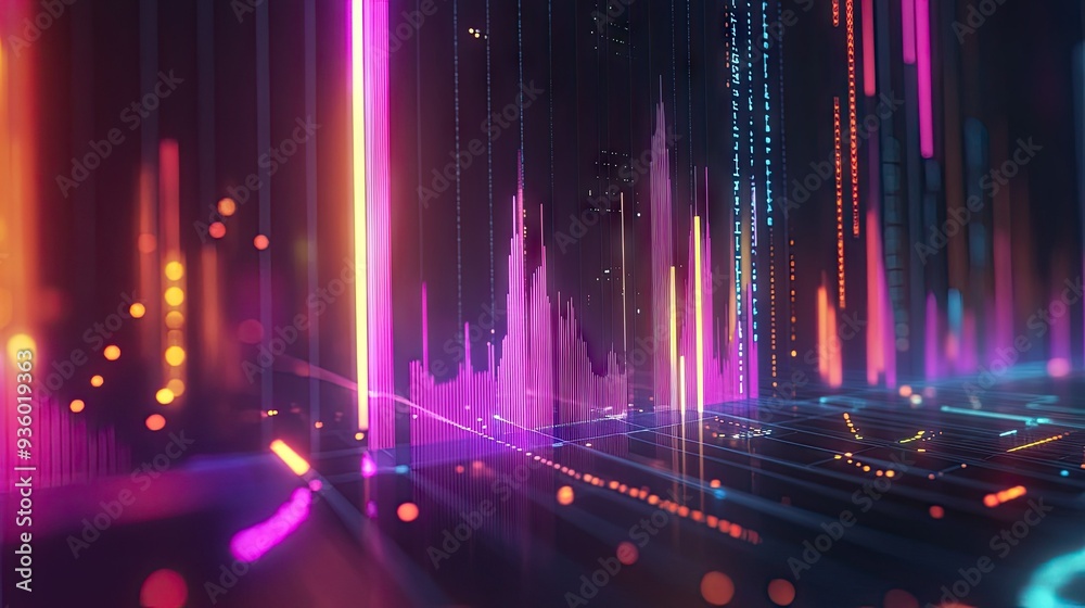 Poster geometric abstract 3d financial graph with dynamic shapes and glowing data indicators.