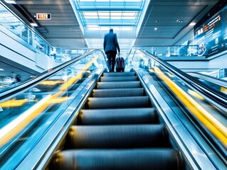 Striking image of an airport escalator with passengers ascending, the movement captured with slight blur, while the escalator and a central figure remain in sharp focus. Taken with Sony Lens