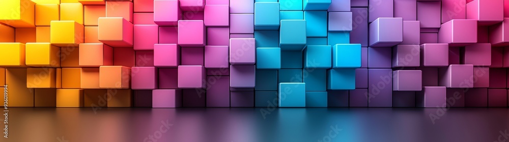 Poster Three-dimensional cubes merging into a fluid landscape, copyspace with dynamic dimensions.