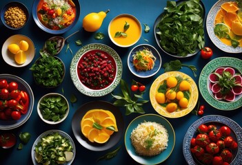 colorful food displays showcasing variety global cuisines fresh ingredients artistic presentation, appetizer, arrangement, artistry, banquet, buffet, cheese