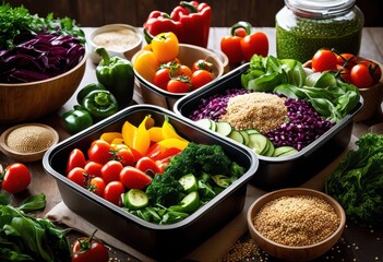 colorful meal prep containers overflowing fresh ingredients healthy foods nutritious eating, vibrant, nutrition, vegetables, fruits, protein, grains, bowls