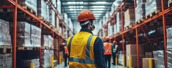 Fototapeta premium Workers wearing safety gear in a busy warehouse environment, focus on workplace safety, logistics workforce
