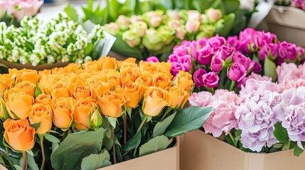 A close-up of a colorful bouquet featuring orange roses and pink hydrangeas nestled in a cardboard box at a bustling flower market, showcasing nature's beauty