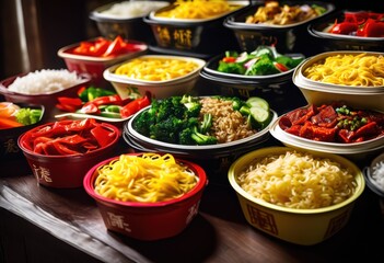 Fototapeta premium colorful chinese takeout containers overflowing vibrant delicious dishes sauces, asian, bento, beef, box, catering, chicken, chopsticks, cuisine