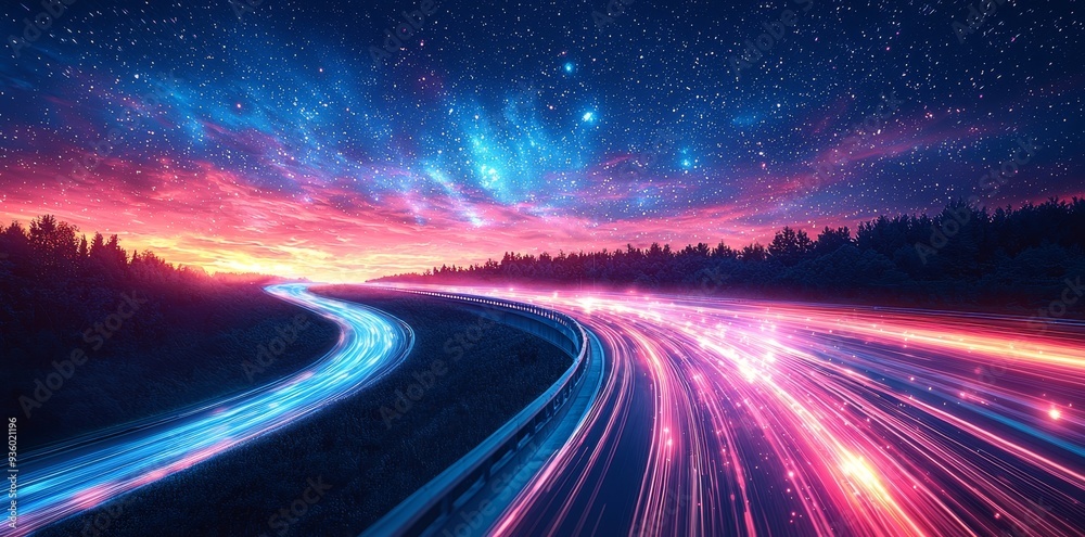 Poster light streaks in blues and purples give the illusion of motion and speed.