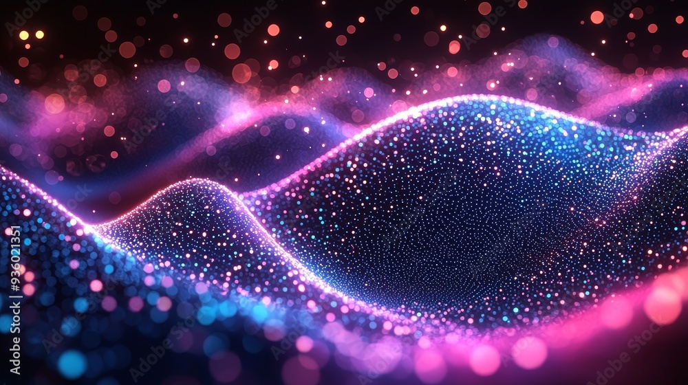 Poster a futuristic and dynamic visual representation of an abstract digital wave with colored light effect