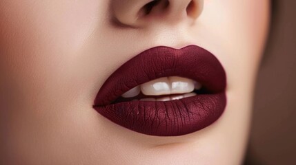 Naklejka premium Soft matte finish enhances the rich tone of the woman's lips, perfectly framed to highlight their natural allure and elegance in an intimate setting