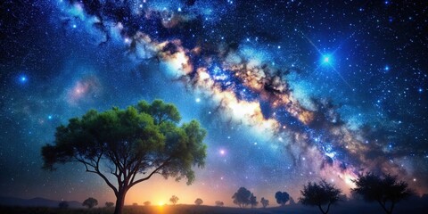 Naklejka premium Starry night sky with lush tree foliage in foreground, a cosmic spectacle, starry night, sky, tree, foliage, stars, cosmos