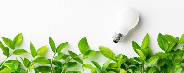 LED lights at the bottom, with bright green leaves spreading upwards, on a bright white background, symbolizing clean energy.