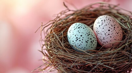 Obraz premium a birds nest with two speckled eggs on a pink background