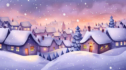 Fototapeta premium Watercolor Illustration of a Snowy Village at Dusk with Warm Lights in Windows and Falling Snowflakes, Concept of Winter, Tranquility, Evening Glow, and Artistic Landscape