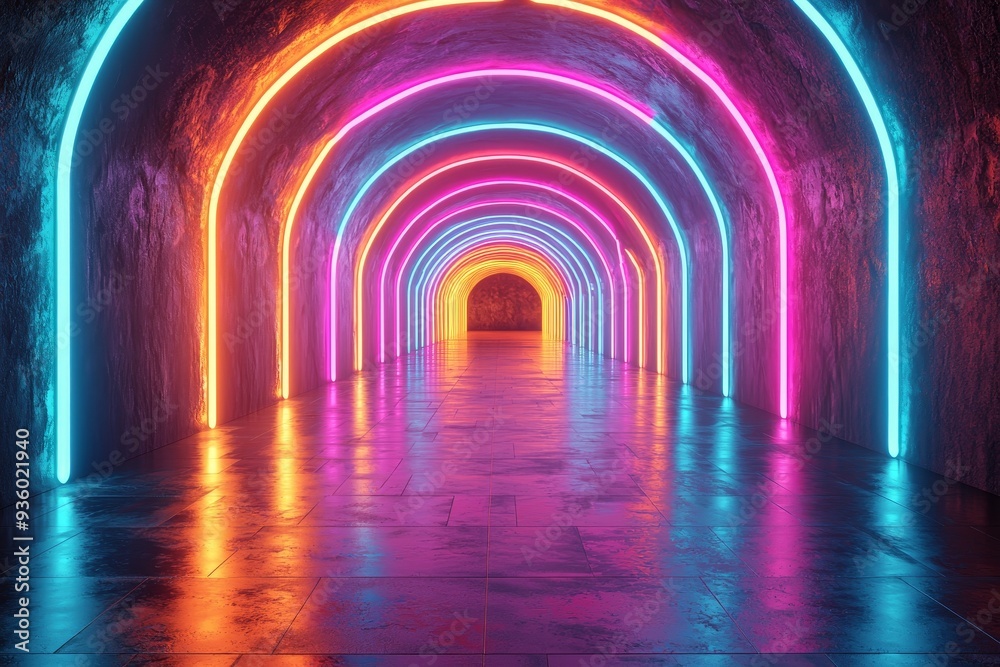 Leinwandbilder an abstract geometric tunnel with neon colors creates a futuristic and dynamic visual experience.