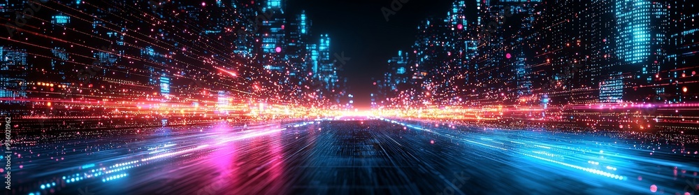 Poster digitally rendered abstract scene showcasing colorful lights and dynamic patterns.