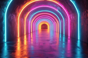 Fototapeta premium An abstract geometric tunnel with neon colors creates a futuristic and dynamic visual experience.