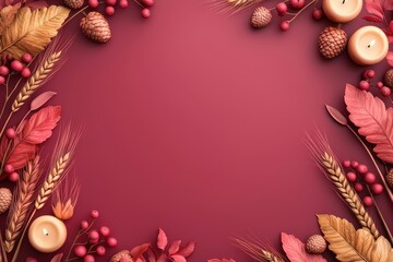 Autumn-themed arrangement with candles, pine cones, and leaves on a red background with ample blank space for copy