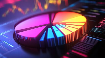 Glowing segments in a 3D financial pie chart, showcasing market data with a radiant effect.