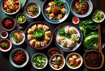 vibrant display authentic chinese dishes rich colors textures beautiful arrangement, hues, cuisine, food, presentation, plates, ingredients, garnishes