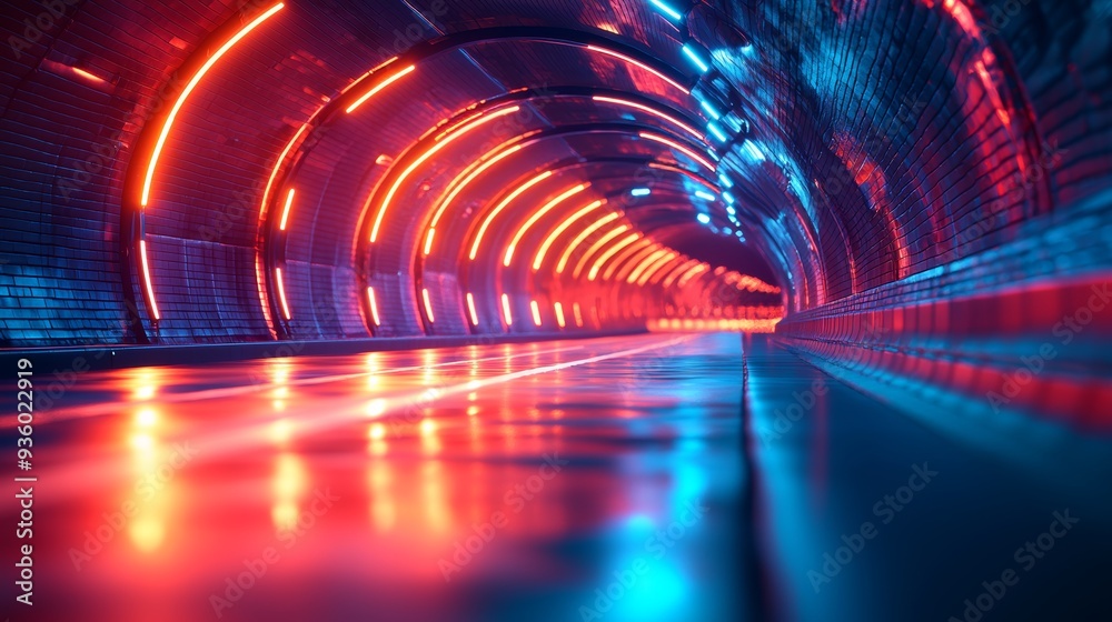 Wall mural Become mesmerized by the motion blur and vibrant colors of a futuristic light tunnel