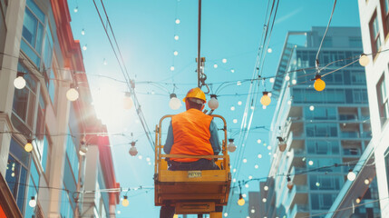 Worker on a lift installing decorative lights on city streets, with a festive atmosphere and strings of lights overhead. The concept of event preparation, urban decoration, and city lighting