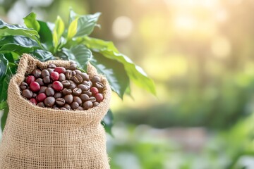 Fototapeta premium A burlap sack filled with fresh coffee beans, surrounded by lush greenery and soft sunlight, showcasing the beauty of nature and coffee.