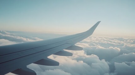 Fototapeta premium Stunning close-up of an airplane wing during flight, with the wing in sharp focus and the clouds and sky softly blurred, capturing the serenity and majesty of flight. Taken with Sony Lens