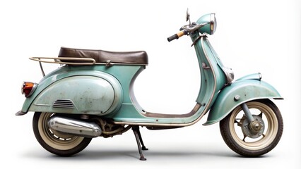 Old scooter isolated on white background, vintage, retro, classic, aged, antique, transportation, wheeled vehicle