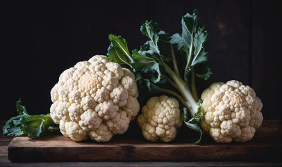 Three heads of cauliflower sit on a wooden cutting board