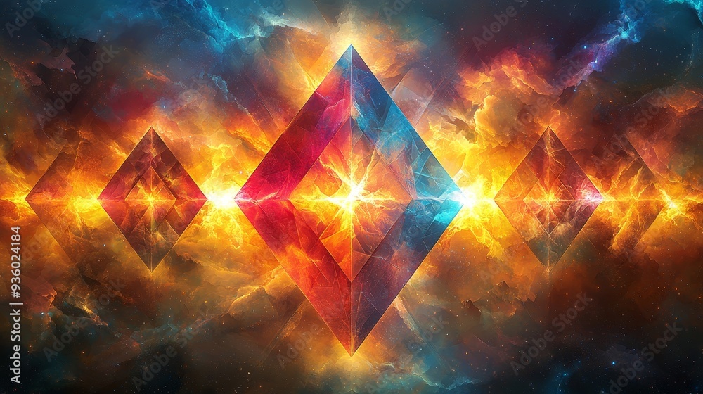 Leinwandbilder A dynamic abstract composition featuring triangular patterns in vibrant colors that convey energy and movement.