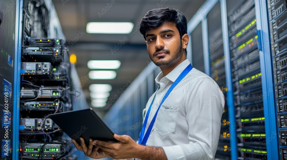 Poster In the data center, a system administrator ensures that databases are secure and available for use. A computer technician updates the server room supercomputers' systems.